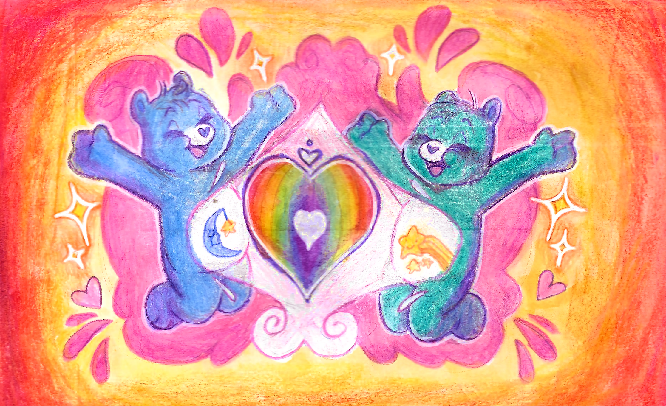 Wish and Bedtime Bear doing a Care Bear Stare to make a Rainbow Heart
